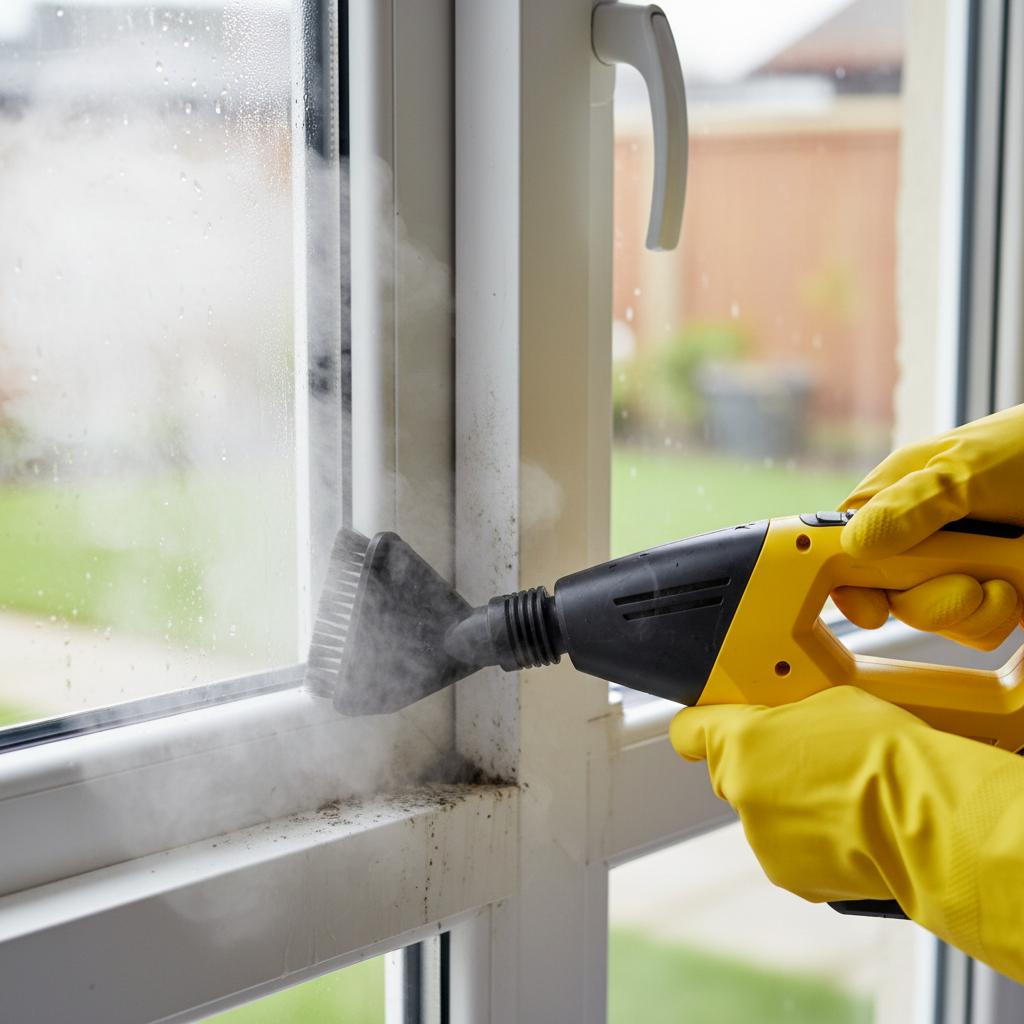 Dampfreiniger beim Fensterränder putzen