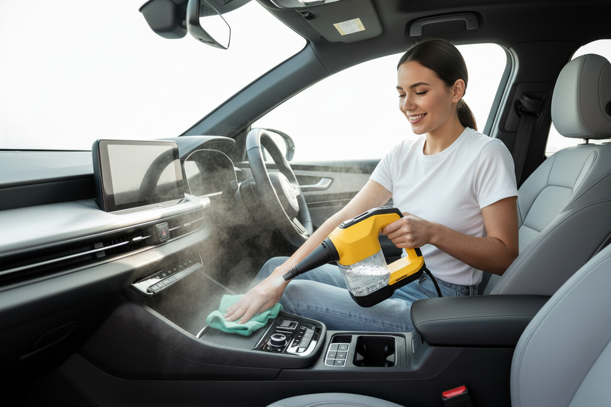 Frau benutzt Dampfreiniger im Auto